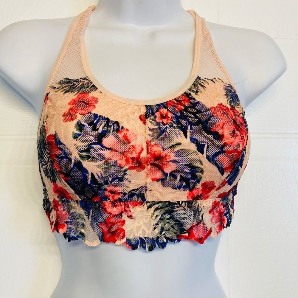 Victoria's Secret PINK Bralette Women XS Peach Floral Lace Mesh Racerback‎ Bra